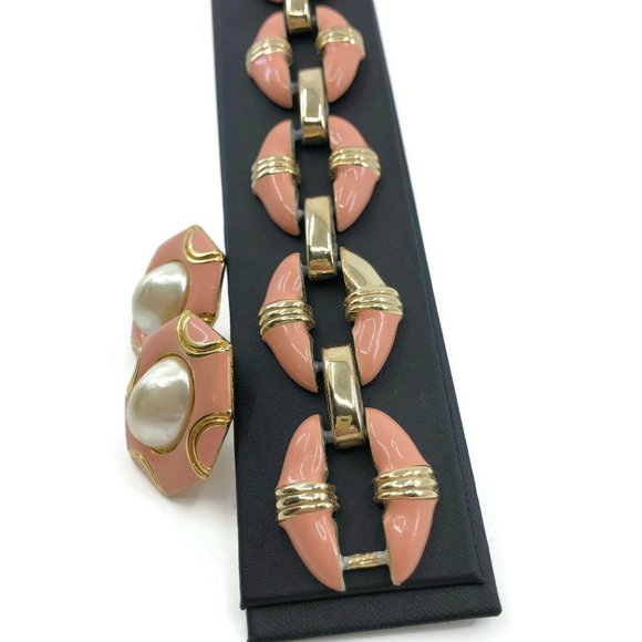 Donald Stannard Bracelet and Earring Set Gold with Coral Enamel and Faux Pearl, - Picture 5 of 10